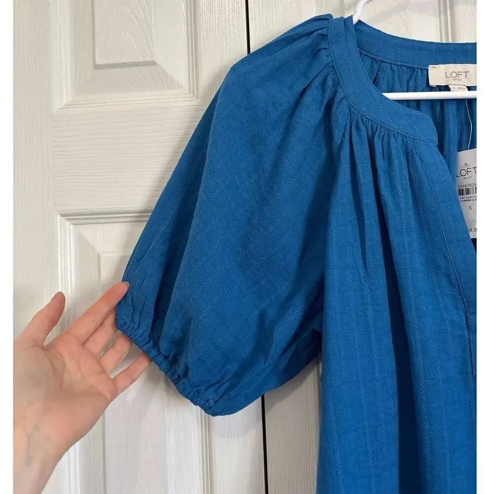 NWT Loft Women's Royal Blue Short Puff Sleeve V-Neck Top